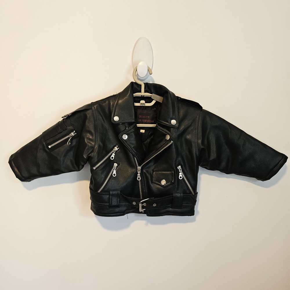 Black Faux Leather Biker Moto Jacket Size 3T Belted Girls Boys